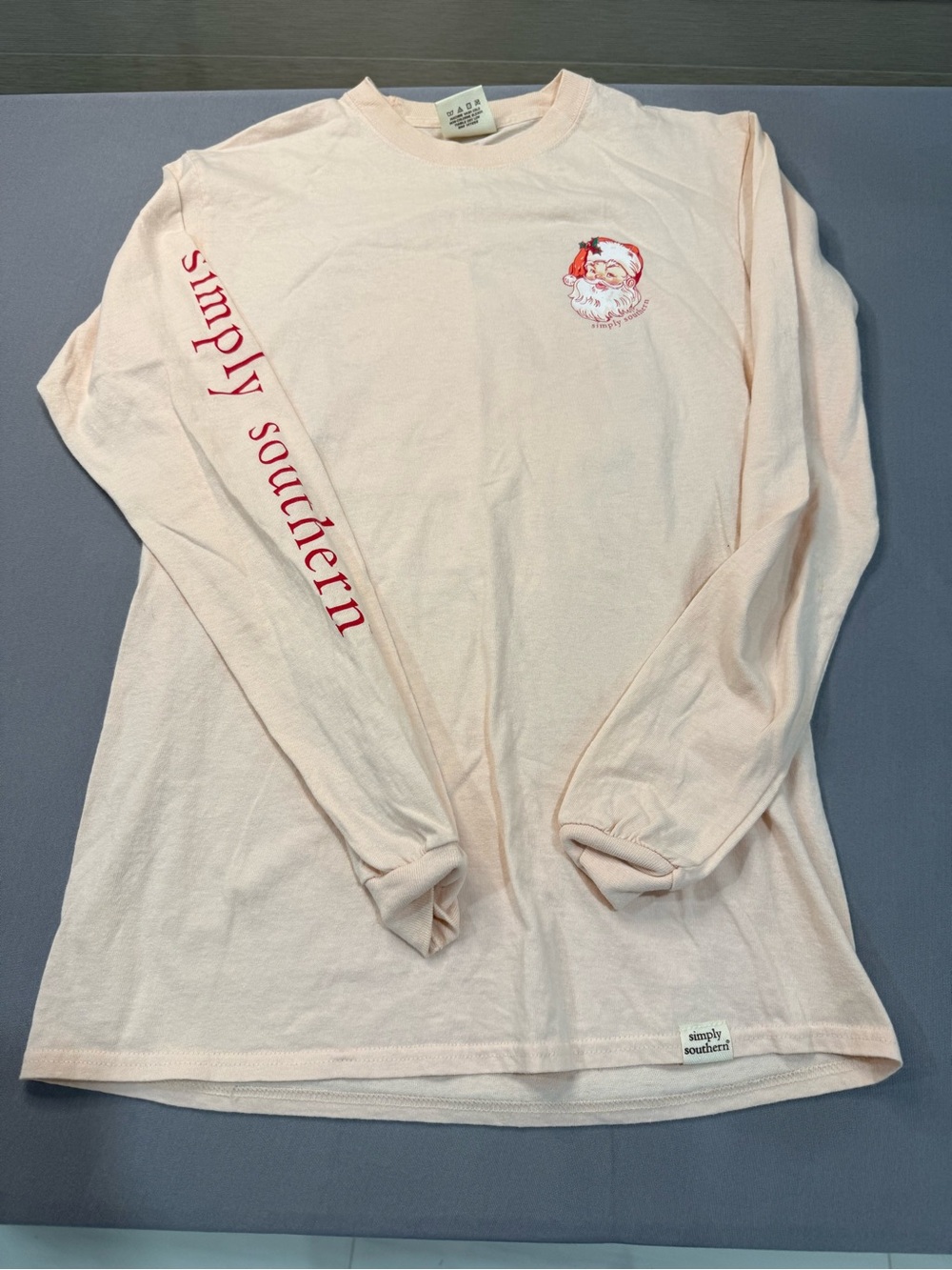 Simply Southern Women’s S Beige Knit Pullover Crew Neck Long Sleeve Santa Tee